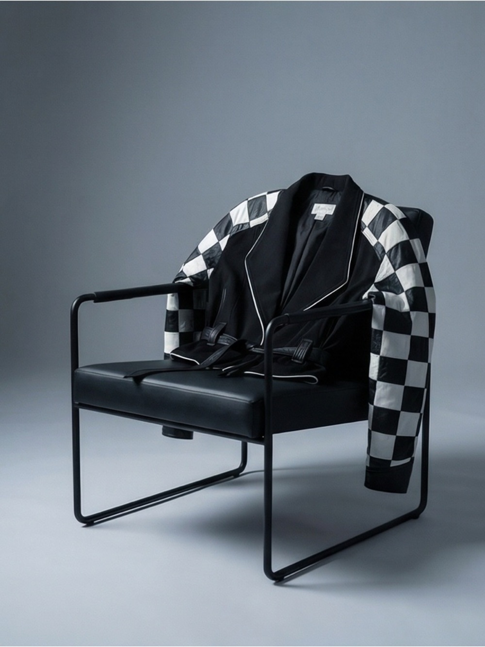 Black & White Checker Sleeve Belted Jacket - Women - Picture 3 of 4